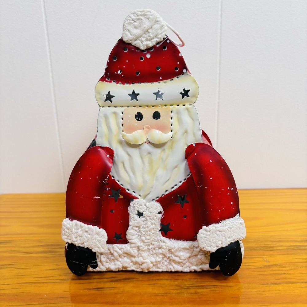 Vintage Tin Santa Claus Candle Lantern 9" Tall Christmas Indoor/ Outdoor '90s‎
